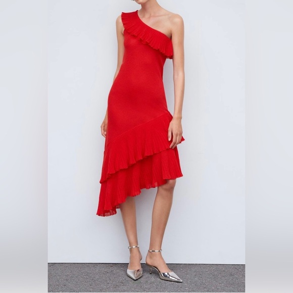 Mango Dresses & Skirts - Mango Women’s Red One-Shoulder Asymmetric Ruffled Dress Size 10